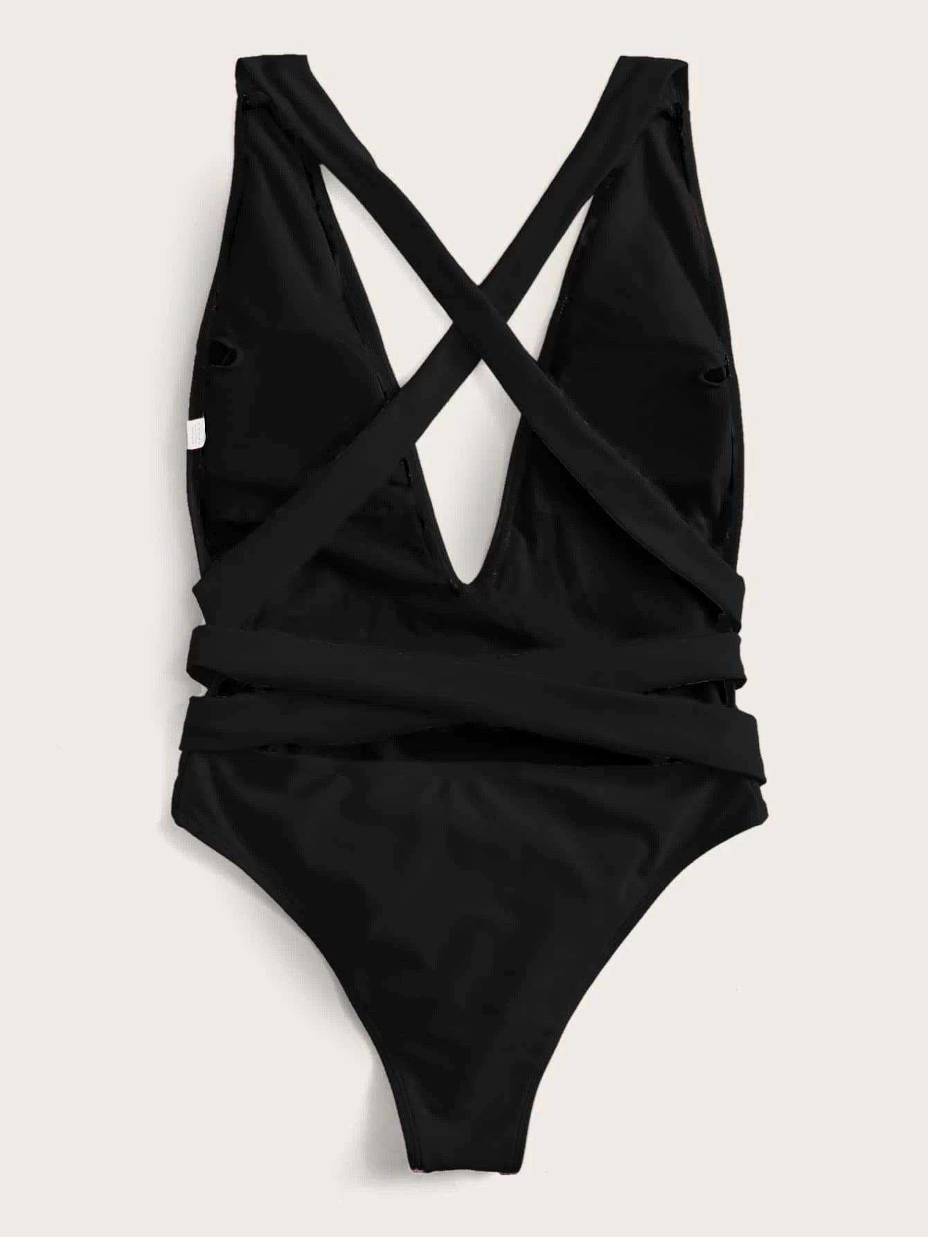 Trendsi tied one-piece swimwear in black with crisscross back design and deep V-neckline