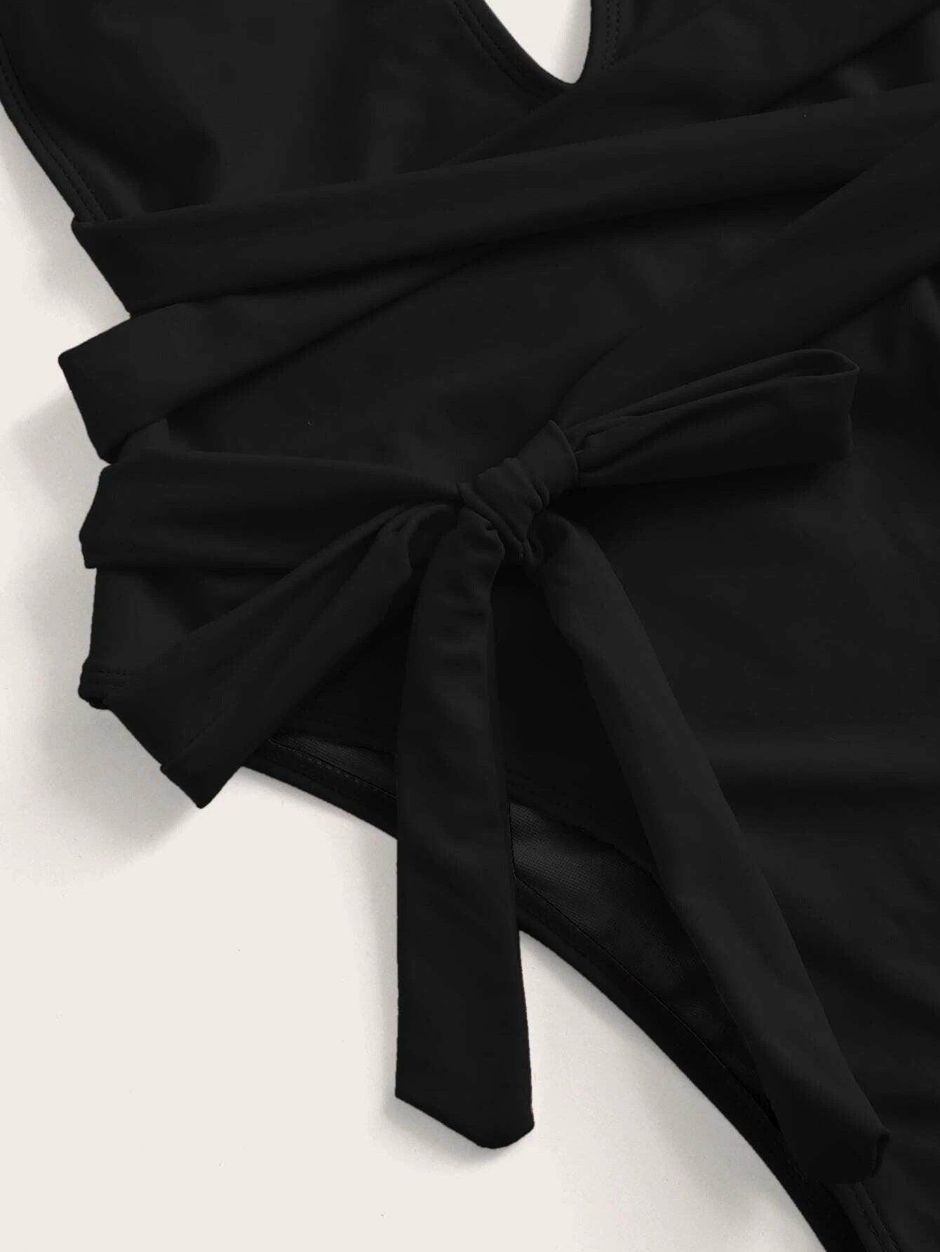 Trendsi tied one-piece swimwear in black with stylish tie detailing for a flattering fit