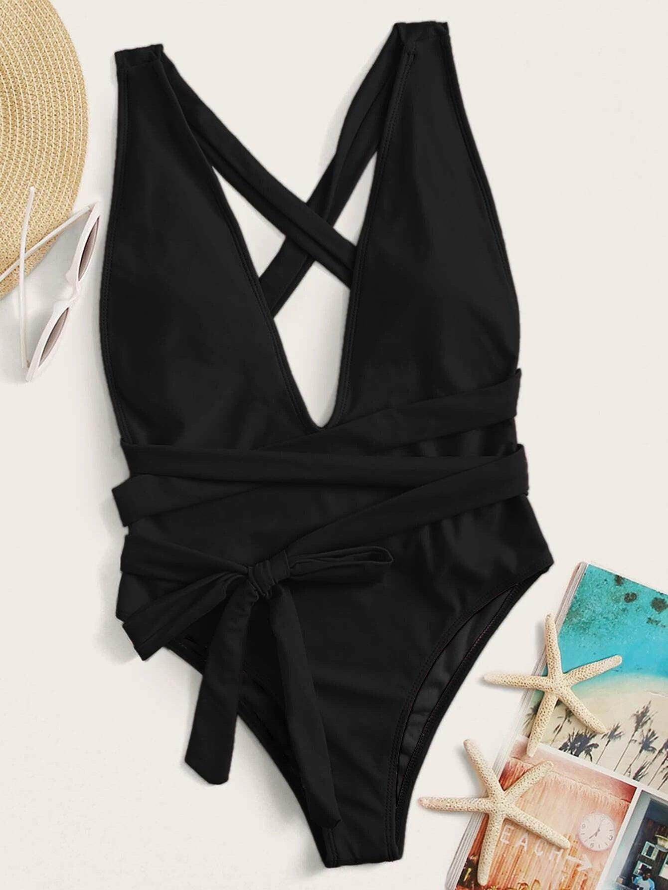Trendsi tied one-piece swimwear in black with a deep V neckline and stylish tie detail