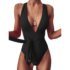 Trendsi tied one-piece swimwear in black featuring a plunging neckline and adjustable tie waist