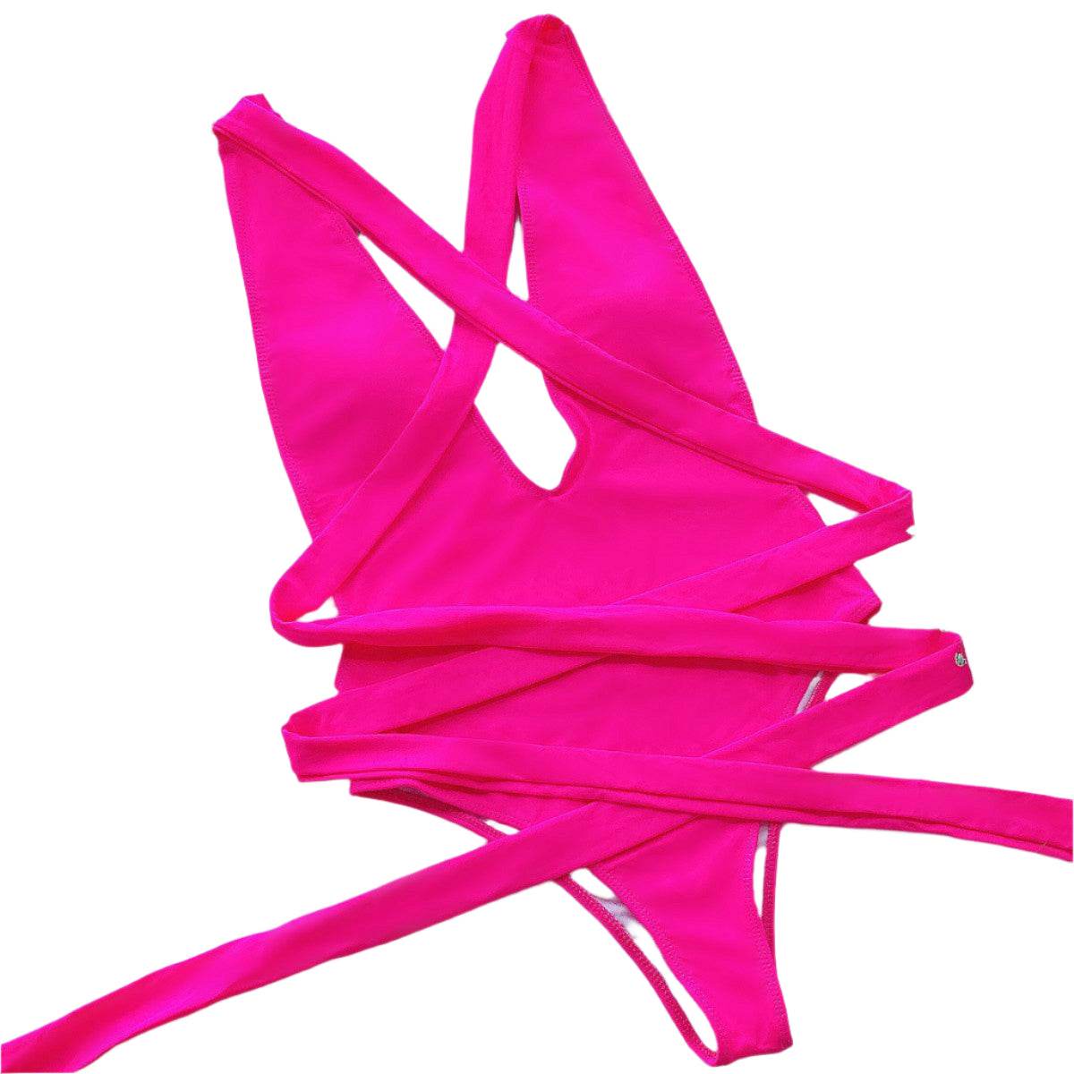 Trendsi tied one-piece swimwear in vibrant pink with stylish crisscross straps for a trendy beach look