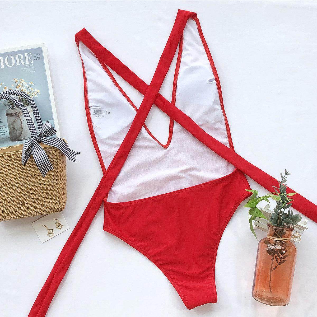 Trendsi tied one-piece swimwear in red with stylish cross-back design for summer beach outings