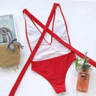 Trendsi tied one-piece swimwear in red with stylish cross-back design for summer beach outings