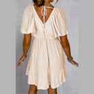 Tied V-Neck Short Sleeve Mini Dress - VacationGrabs