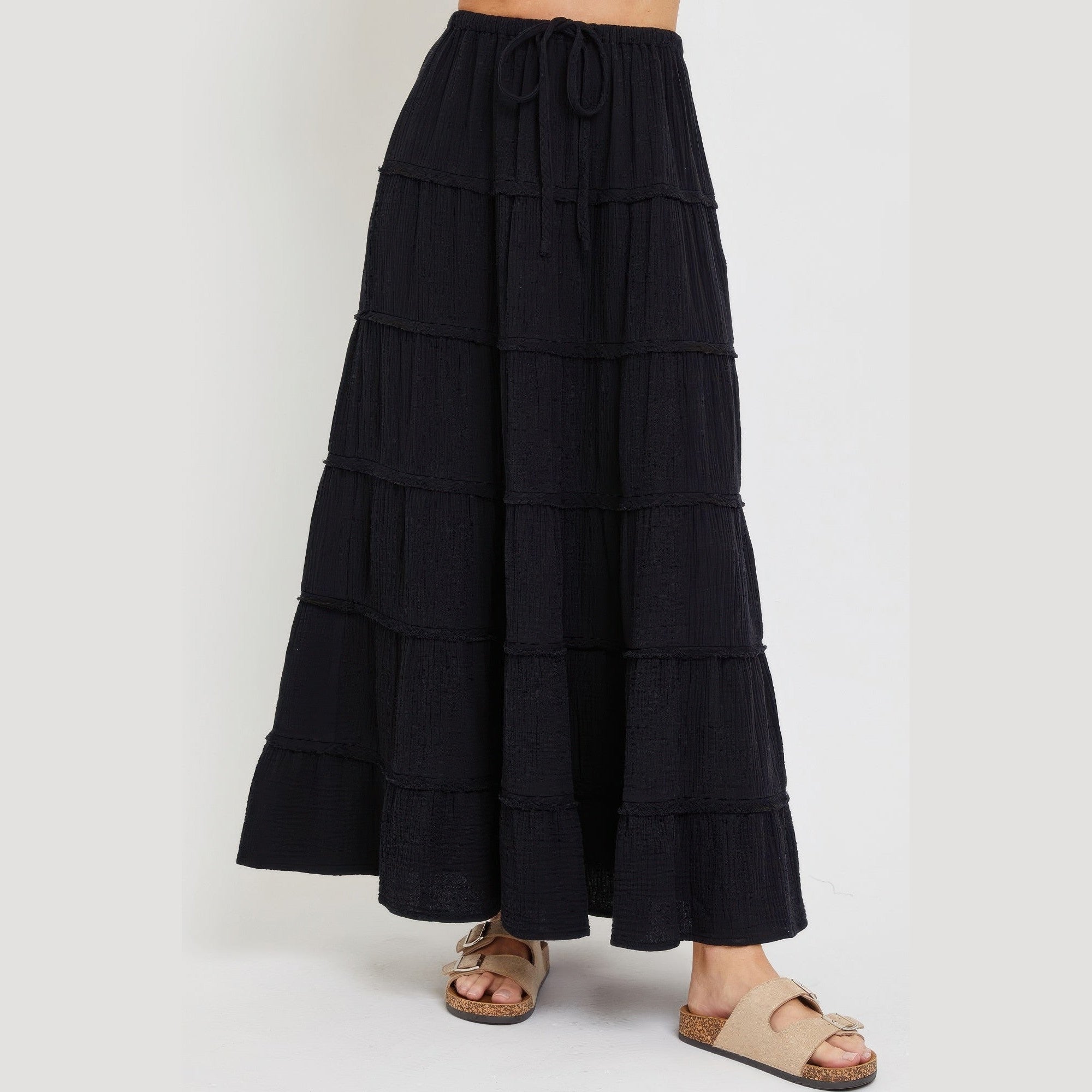 VacationGrabs black tiered maxi skirt for women with drawstring waist and flowy fabric
