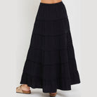 VacationGrabs black tiered maxi skirt for women with elastic waistband and layered design