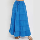 VacationGrabs blue tiered maxi skirt for women with adjustable drawstring waist