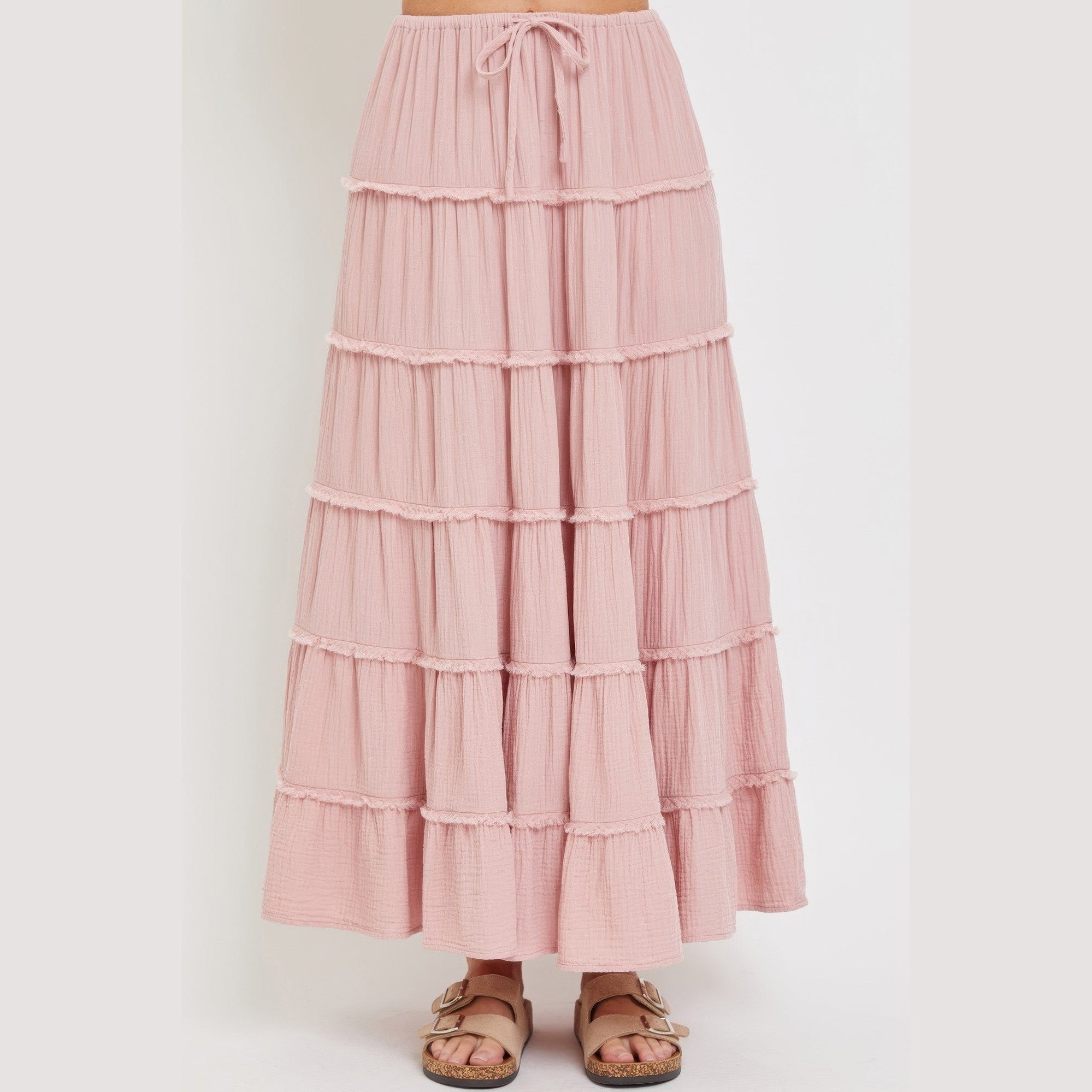 VacationGrabs pink flowy tiered maxi skirt for women with drawstring waist and textured fabric