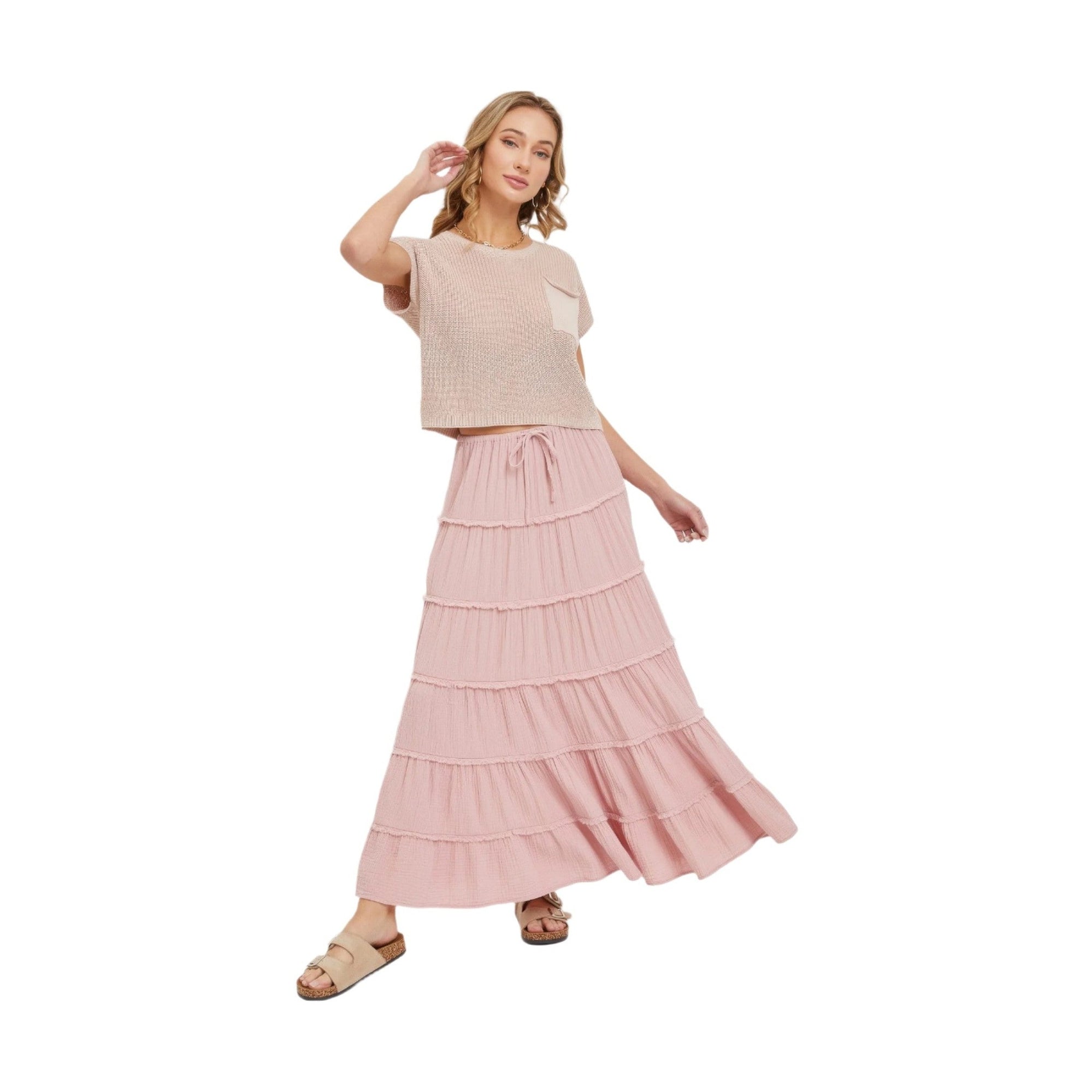VacationGrabs tiered maxi skirt for women in soft pink with drawstring waist and flowing tiers