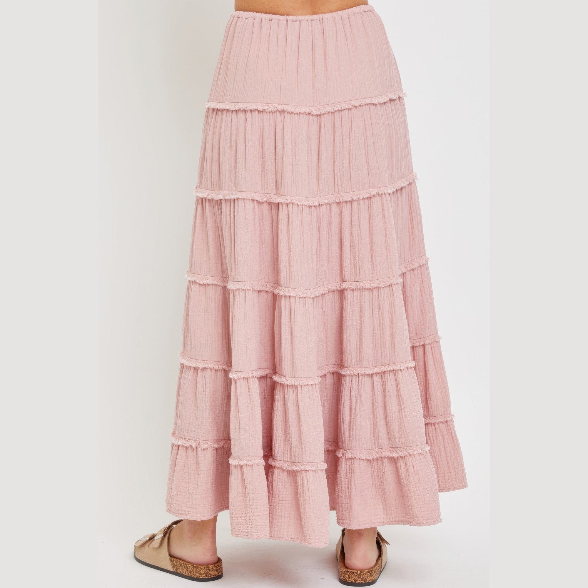 VacationGrabs pink tiered maxi skirt for women with multiple ruffled layers and elastic waistband