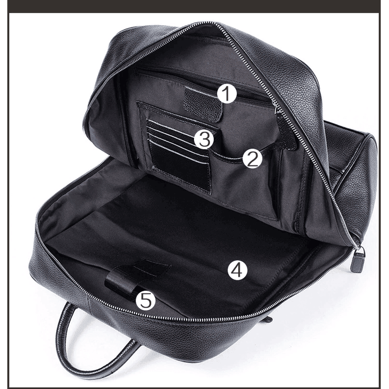 Interior view of a black VacationGrabs travel backpack for men and women with multiple compartments and pockets