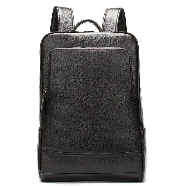 Sleek black leather travel backpack for men and women with spacious compartments and a minimalist design