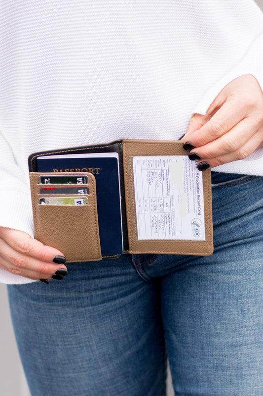 Aili's Corner travel credit card holder in brown, featuring slots for cards and a passport