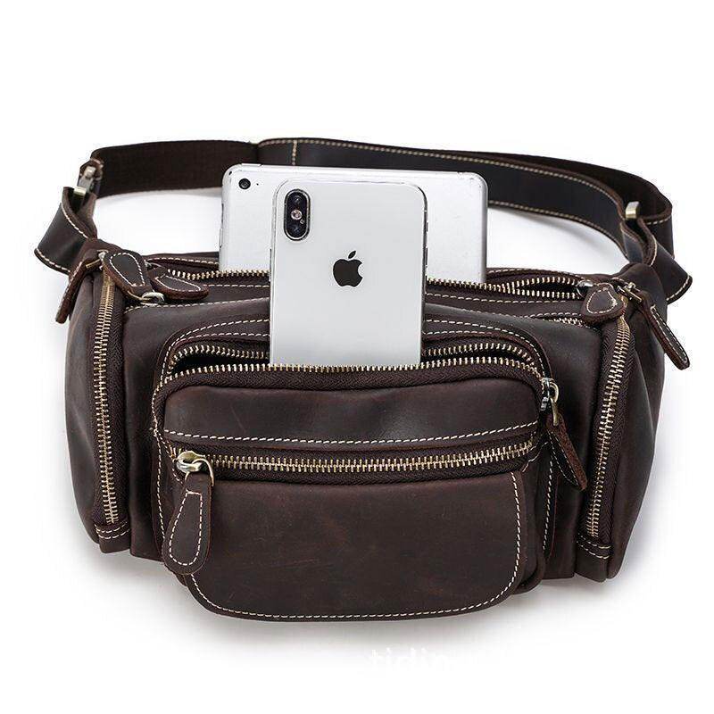 Travel-Friendly Genuine Leather Waist Bag Hands-Free Fanny Pack