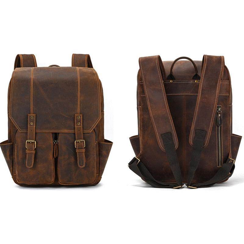 Travel leather backpack from VacationGrabs with two front buckles and adjustable straps for comfortable carrying