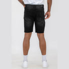Men's black denim shorts from WEIV styled with a trendy camo shirt and shorts for a casual look