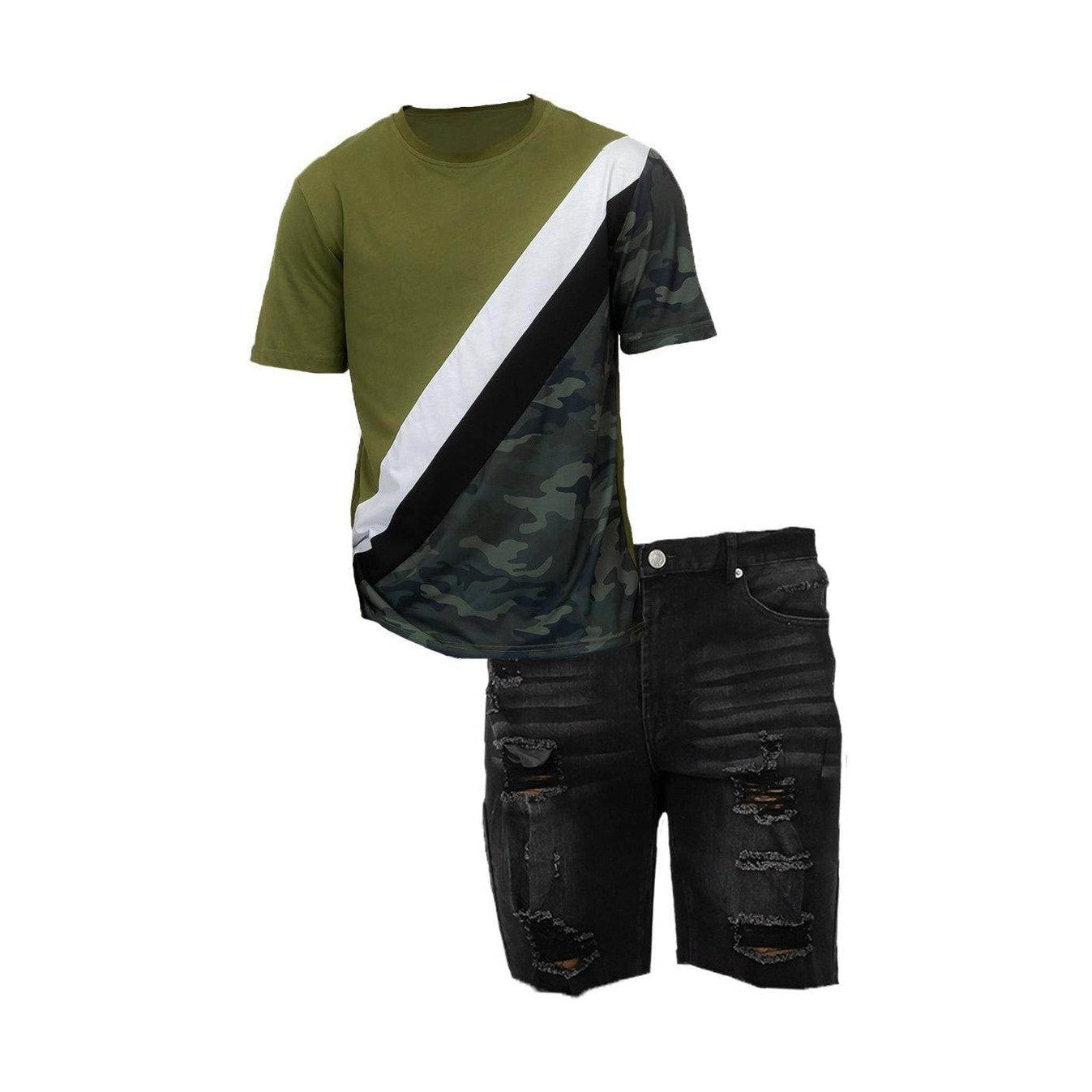 Stylish men's outfit featuring a trendy camo shirt and shorts with a modern design