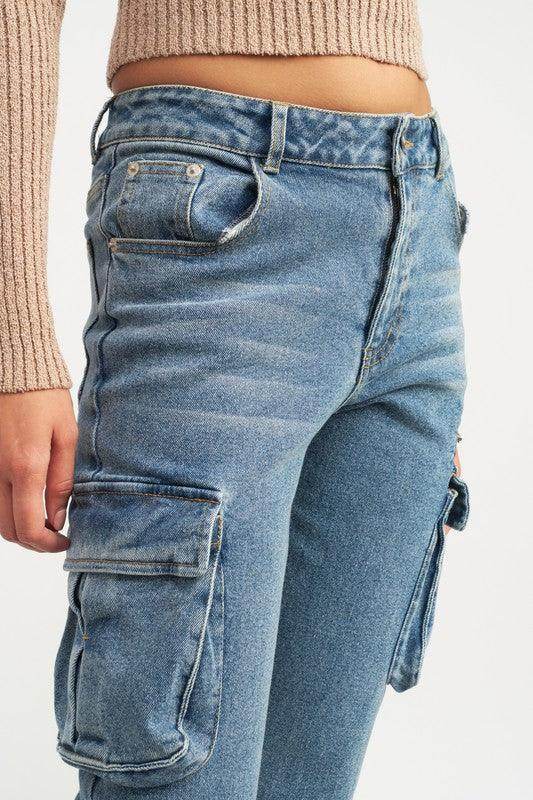 Emory Park trendy denim pants for women featuring a cargo style and distressed details