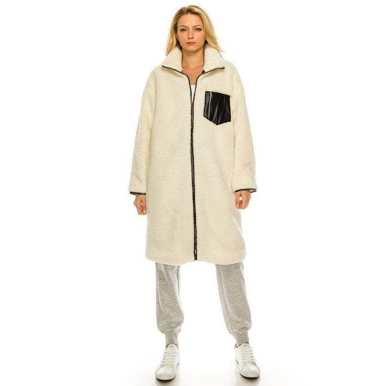 Andante USA Women's Trendy Ivory Outerwear Coat with Black Pocket and Zip Closure