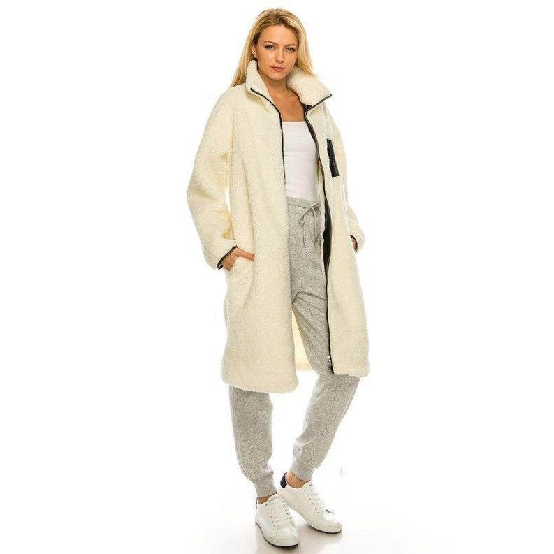 Andante USA trendy ivory outerwear plush coat with front pockets and a cozy design