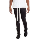 Men's black trendy leather stripe joggers with white drawstrings and slim fit by WEIV