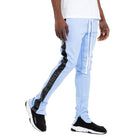 WEIV trendy leather stripe joggers in light blue with black leather side stripe and white drawstring