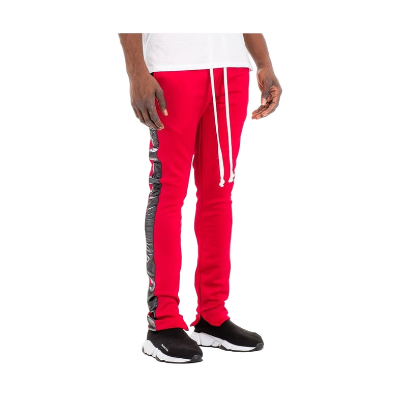 WEIV trendy leather stripe joggers in red with black leather stripe side detail and white drawstrings