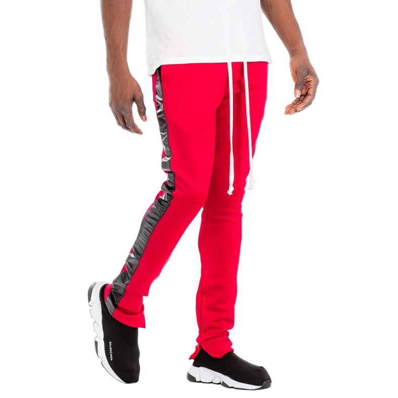 WEIV trendy leather stripe joggers in red with black leather side stripes and white drawstrings