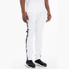 White trendy leather stripe joggers with black leather side stripes and drawstring waist