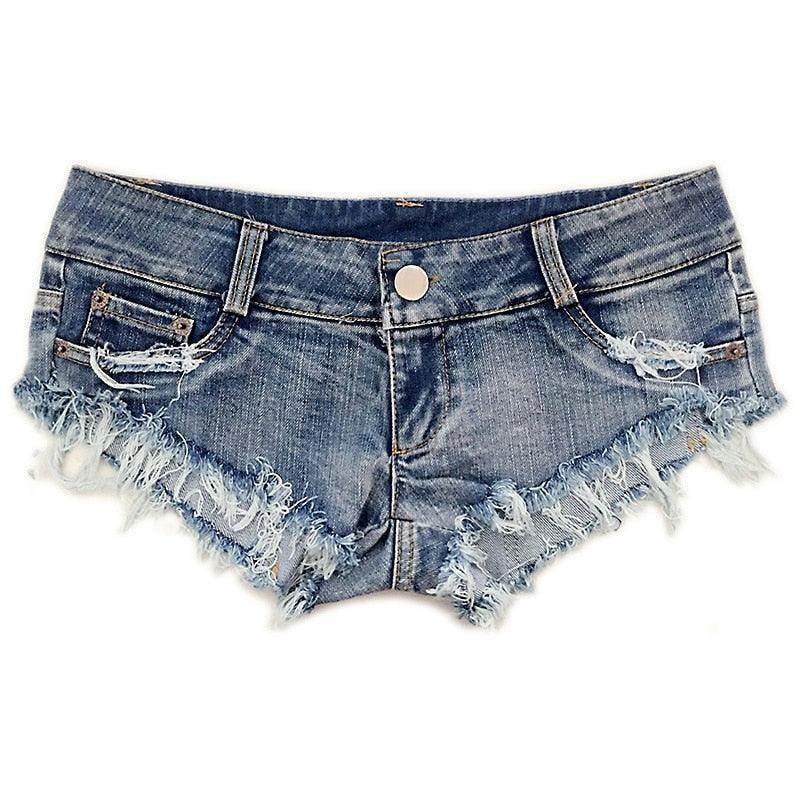 Stylish denim trendy micro shorts for women with frayed hem and pockets for a casual look