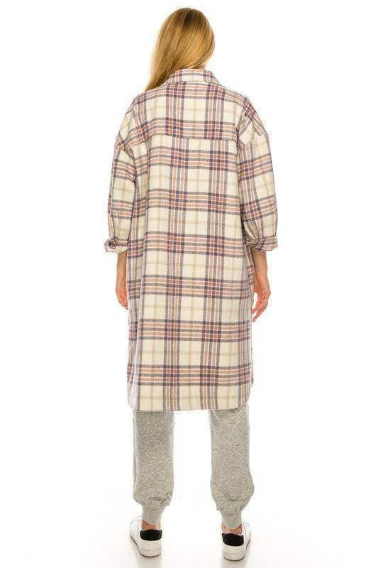 Trendy plaid jacket women in cream with purple and blue check pattern, perfect for casual outfits