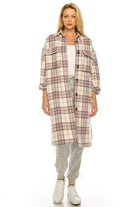 Andante USA trendy plaid jacket women in cream with purple and gray check pattern, stylish and cozy
