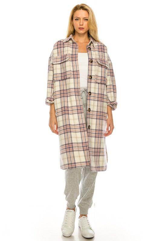 Andante USA trendy plaid jacket women in cream with purple and gray check pattern, stylish and cozy