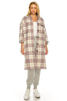 Trendy plaid jacket women in oversized style, featuring buttons and pockets for a casual look