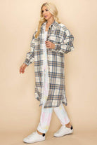 Trendy plaid jacket women in beige and blue, perfect for casual layering and stylish outfits