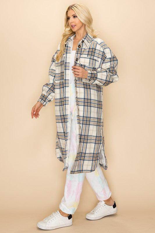Trendy plaid jacket women in beige and blue, perfect for casual layering and stylish outfits