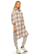 Trendy plaid jacket women in cream with pink and purple check pattern, featuring front pockets and a relaxed fit
