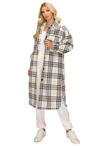 Trendy plaid jacket women in beige with blue and brown checks, styled for casual outings