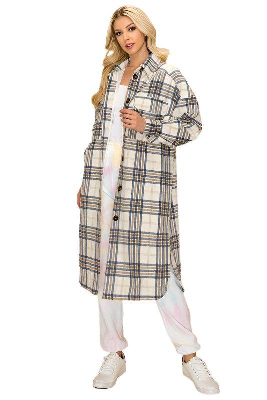Trendy plaid jacket women in beige with blue and brown checks, styled for casual outings