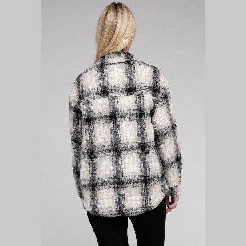 Women's trendy plaid shacket jacket from Ambiance Apparel with a stylish checkered pattern