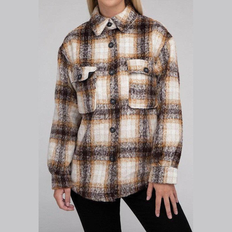 Women's trendy plaid shacket jacket from Ambiance Apparel in brown and cream pattern
