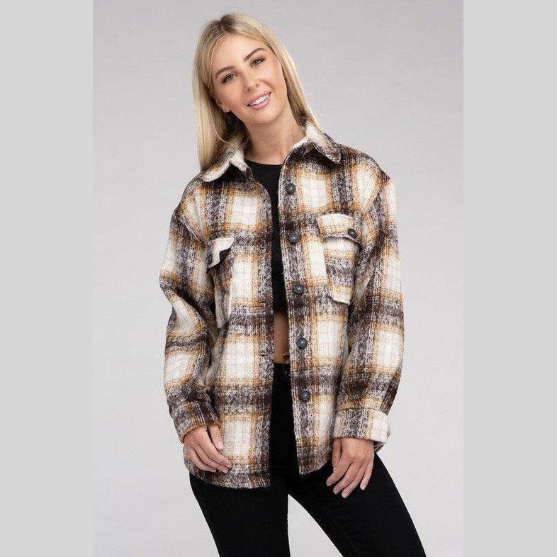 Trendy plaid shacket jacket from Ambiance Apparel in warm tones with classic button front