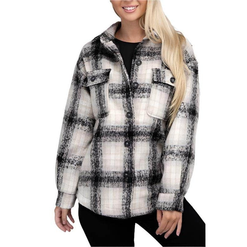Ambiance Apparel trendy plaid shacket jacket in black and white with button details and pockets