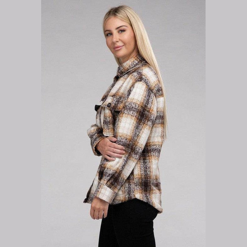 Stylish women's trendy plaid shacket jacket by Ambiance Apparel in a warm color palette