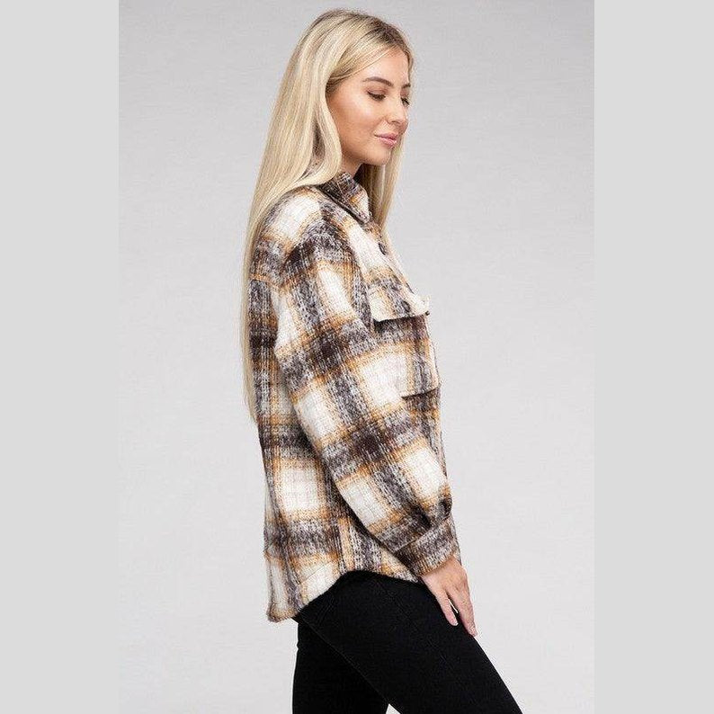 Stylish Ambiance Apparel trendy plaid shacket jacket in autumn colors for casual wear