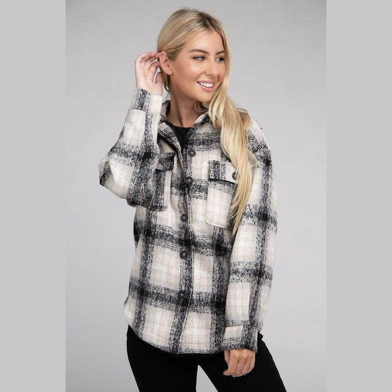 Trendy plaid shacket jacket by Ambiance Apparel in black and white with pockets and button-up design