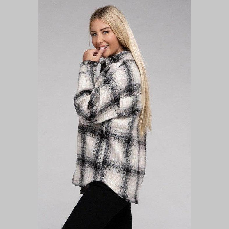 Trendy plaid shacket jacket by Ambiance Apparel featuring a relaxed fit and stylish black and white pattern