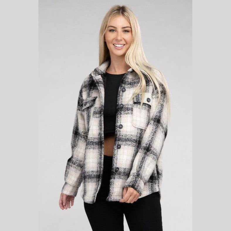 Trendy plaid shacket jacket by Ambiance Apparel in black and white for stylish layering