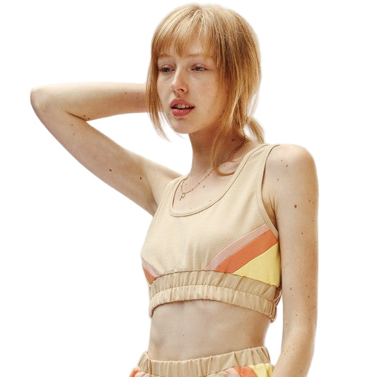 Miss Sparkling trendy retro activewear beige crop top and shorts set with orange and yellow accents