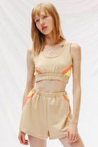 Miss Sparkling trendy retro activewear beige crop top and shorts set with colorful side stripes